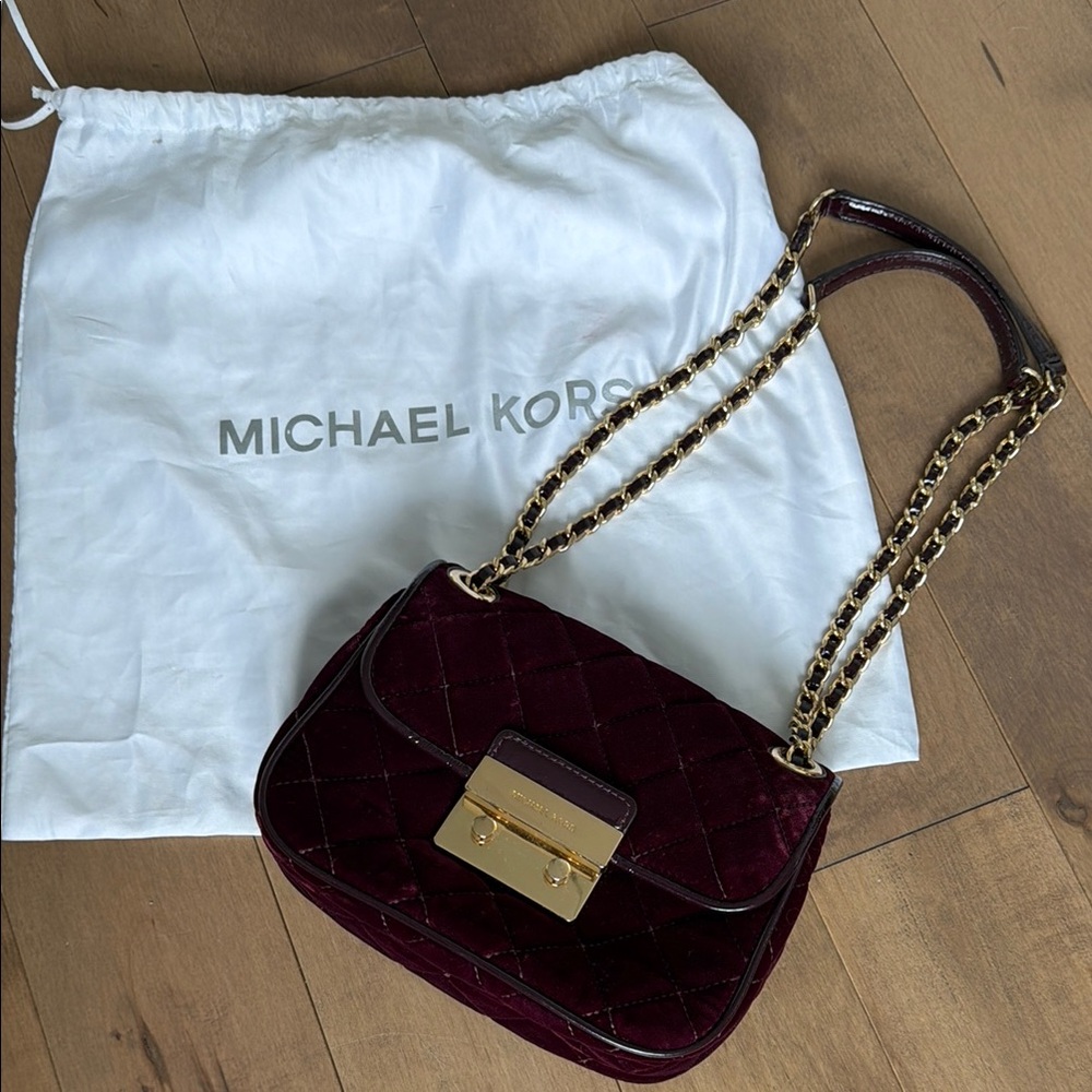 Michael Kors Quilted Velvet Shoulder Bag in Deep Burgundy with Gold Chain.